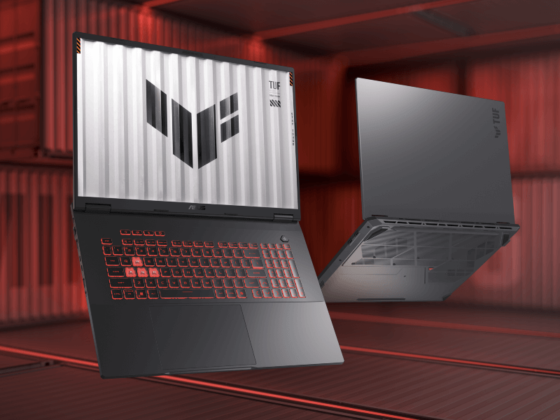 Two TUF gaming laptops shown from the front and behind